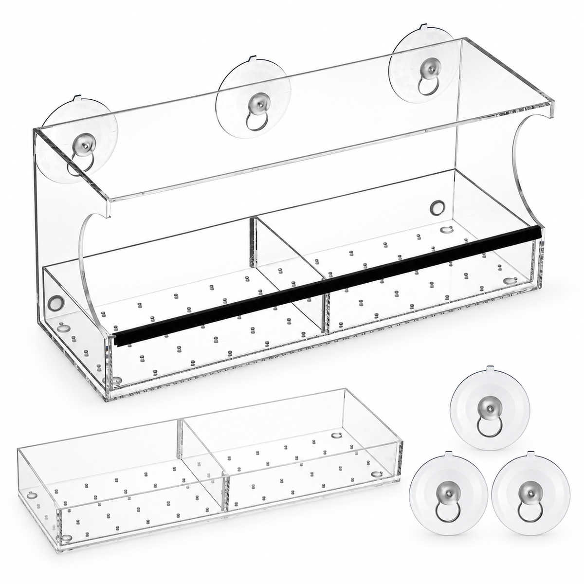 Ranch feeder, removable seed tray, and suction cups shown separately